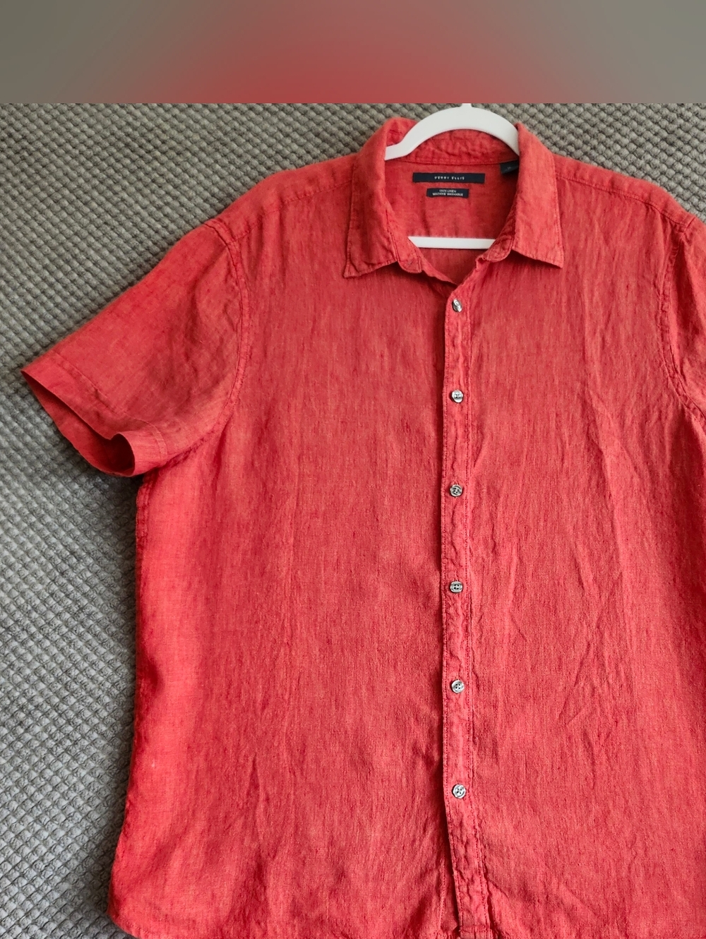 PERRY ELLIS Coral-Red Linen Short Sleeve Button-Up Shirt